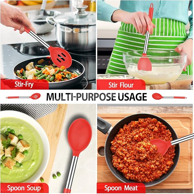 Pack of 2 Large Silicone Cooking Spoons, Non-Stick Stainless Steel Slotted and Solid Spoon Set for Serving, Mixing, Draining, Heat Resistant, Scratch Resistant and BPA Free Kitchen Scoops (Red)