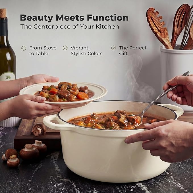 Zulay Kitchen 5 Quart Enameled Cast Iron Dutch Oven Pot with Lid – Premium Durability & Oven Safe up to 500°F – Heavy Duty Cookware Perfect for Bread Baking, Stews, Braising & Roasting – Ivory