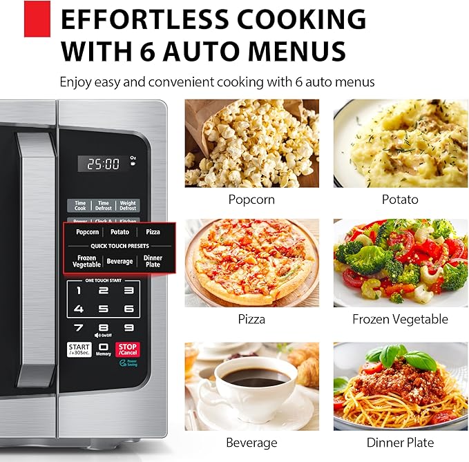 TOSHIBA ML-EM09PA(SS) Small Microwave Oven with 6 Auto Menus, Mute Function & Child Lock, LED Lighting, 0.9 Cu Ft, 10.6 Inch Removable Turntable, 900W, Countertop, Stainless Steel