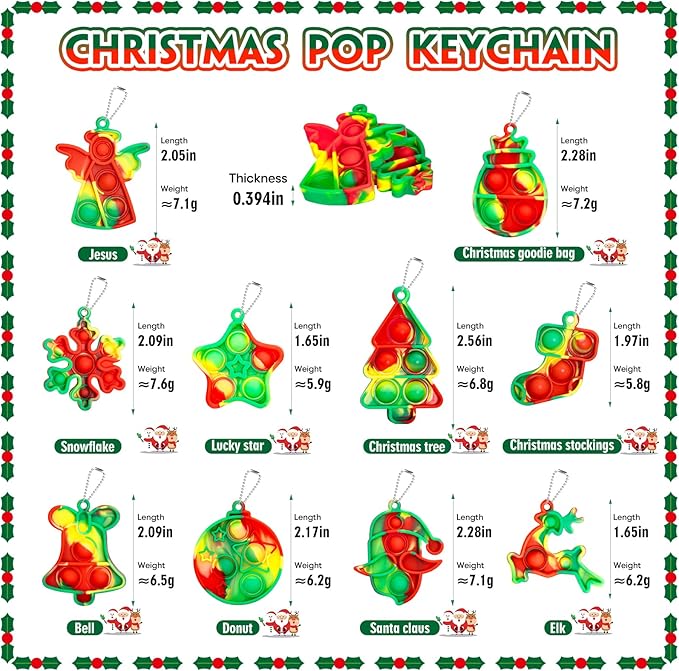 Christmas Pop Fidget Toys Bulk Its Christmas Party Favors for Kids 30 Pack Mini Pop Keychain It Stocking Stuffers for Kids Goodie Bag Stuffers Fidgets for Classroom Prizes Student Birthday Party Gifts