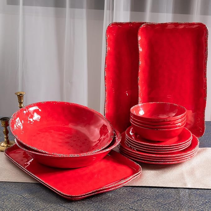 Melamine Serving Platters, set of 2, 17" x 10" Large Reusable BPA Free Rectangular Party Tray/Platters for Serving Appetizers, Fruits On Christmas and all Occasions,Red