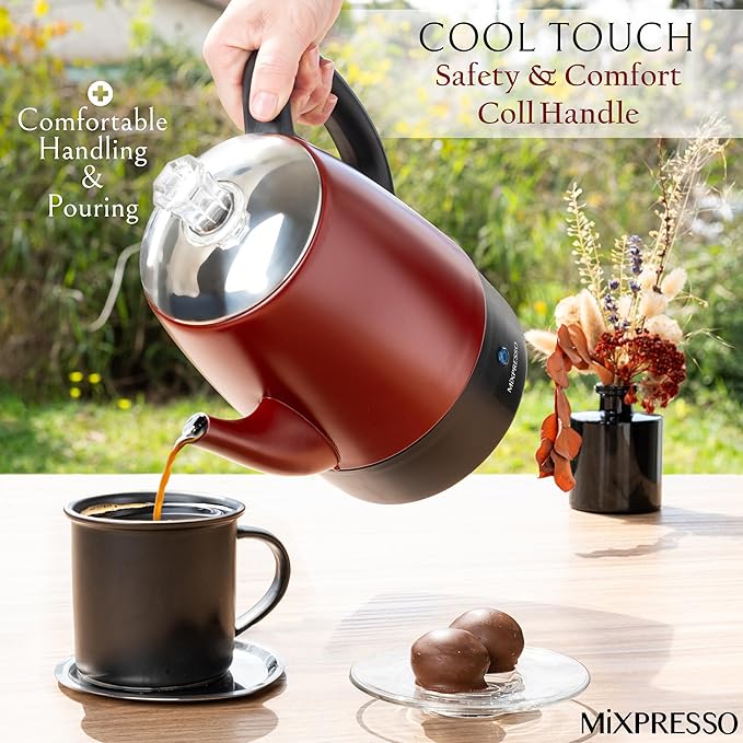 Mixpresso Red Small Electric Percolator Coffee Pot 4 Cup Stainless Steel - Coffee Percolator Electric with Keep Warm Function - Auto Shut-Off for Safe Daily Brewing