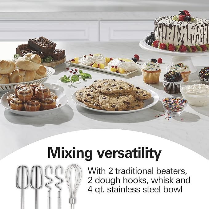 Hamilton Beach Classic Stand and Hand Mixer, 4 Quarts, 6 Speeds with QuickBurst, Bowl Rest, 290 Watts Peak Power, Blue (64658)