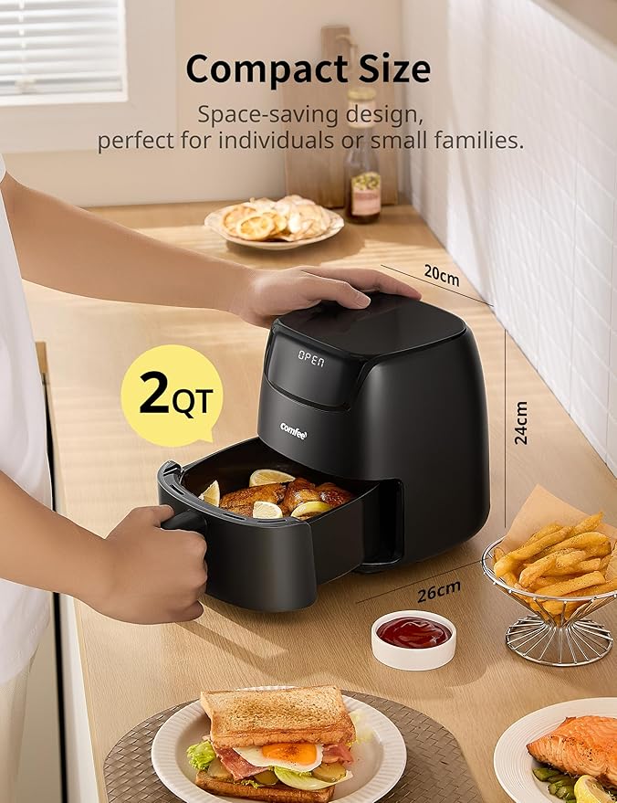 COMFEE' Small 2.1 Quart Digital Air Fryer, Compact Design for 1–2 People, Touch Screen Controls, 360-Degrees Hot Air Circulation, Ceramic Basket, and 4 Cooking Presets