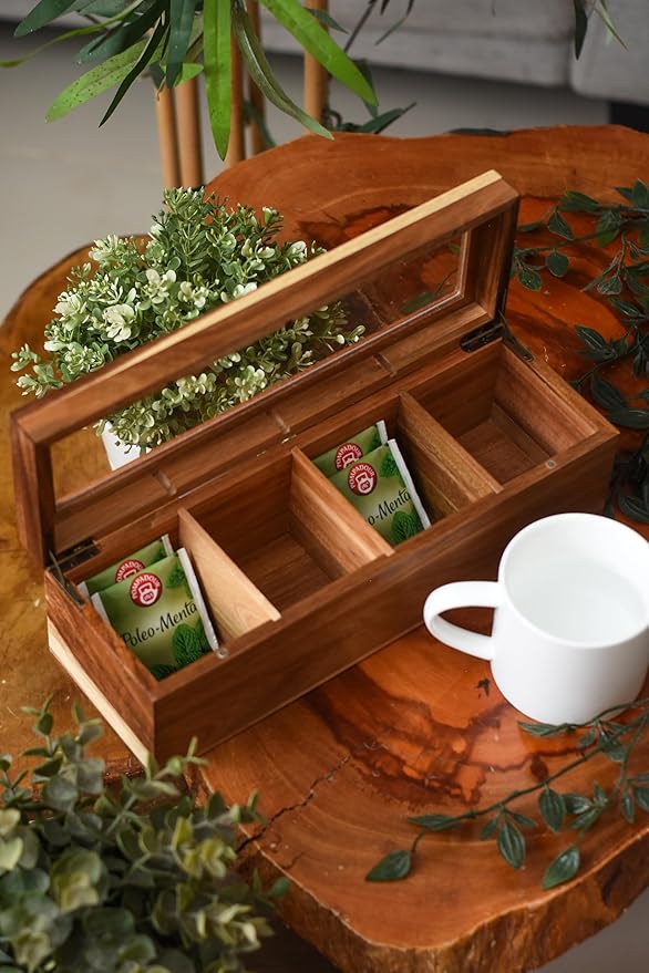 Acacia Wood and Bamboo Tea Bag Organizer - 4 & 8 Compartment Tea Box for Countertop - Tea Station & Coffee Bar Accessories - Fits Large & Craft Tea Bags (Wood, 4 Compartment)