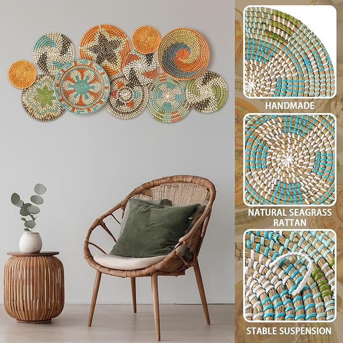 Tatuo 11 Pcs Boho Wall Basket Decor Bulrush Woven Wall Hanging Art Round Farmhouse Rustic Handmade Wicker for Summer Home, Bedroom, Living Room, Kitchen Decorations, Multi Sizes(Farmhouse)