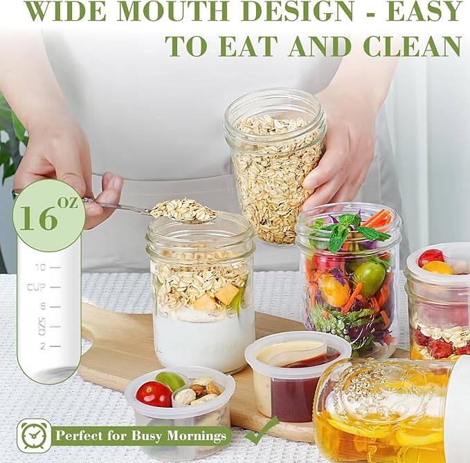 Miuyhji 4 Pack Overnight Oats Containers with Lids, Chia Seed Pudding Jars with Folding Spoons & Divided Compartments for Fruit & Nuts, 16oz Glass Mason Jars for Oatmeal Yogurt Meal Prep Parfait