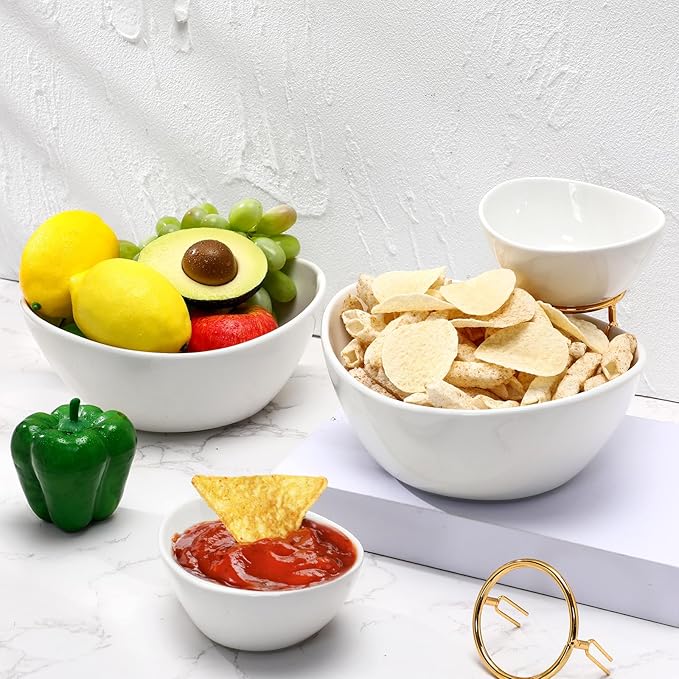 2 Set Chip and Dip Serving Set 2 Tier Chip and Dip Serving Dish Porcelain Appetizer Bowl and Platter with Stand for Food Taco Bar Salad Display Dessert Entertaining Party(Gold,Classic Style)
