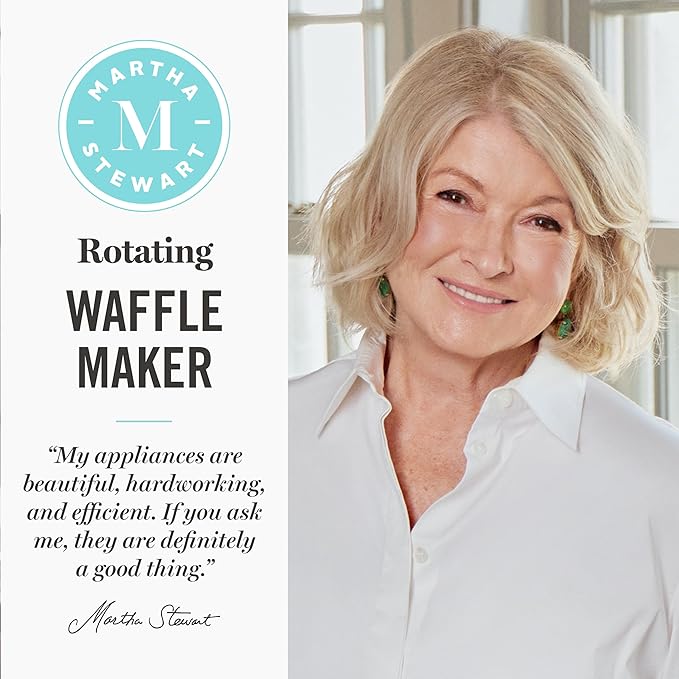 Martha Stewart Rotating Waffle Maker, 180° Flip Iron with PFAS-Free Nonstick Plates, Adjustable Timer, Ready Light, Drip Tray, Space Saving, Classic Round 7”, Easy to Clean, Stainless Steel, Sky Blue
