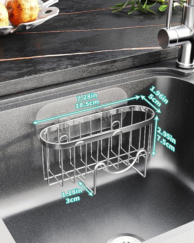 HapiRm Kitchen Sponge Holder for Sink - 2 Installation Methods Kitchen Sink Caddy Organizer with Unique M-Shaped, Rustproof Stainless Steel Sponge Caddy - Silver (Large)