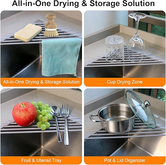 Corner Sink Caddy Kitchen Sink Organizer, Silicone Wrapped Triangle Roll Up Dish Drying Rack Over Sink Drainer Mat, Anti-Slip Sponge Holder Corner Shelf for RV Kitchen Sink Accessories Counter Storage