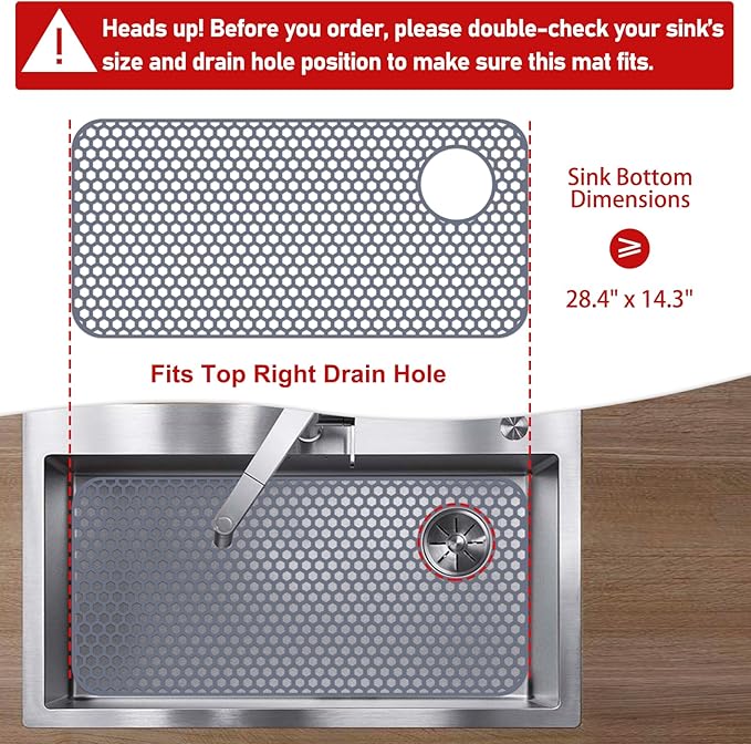 Bestjing Silicone Sink Protectors for Kitchen Sink - 28.4"x 14.3" Kitchen Protector Accessory, Non-Slip Heat Resistant Mat for Bottom of Farmhouse Porcelain Stainless Steel (Top Right Drain Hole,Gray)