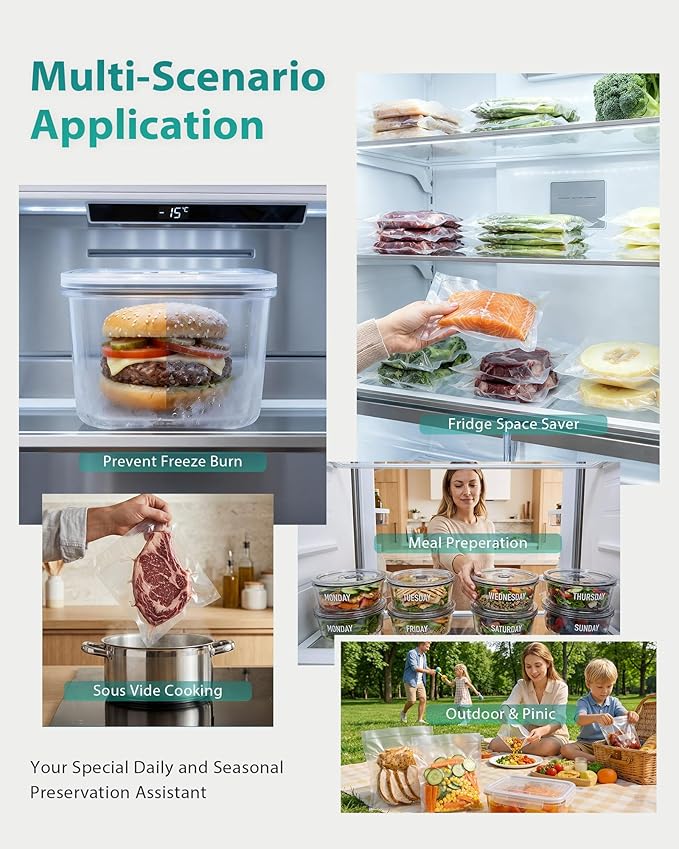 90kPa 10-in-1 Vacuum Sealer for Food, Double Heat Seal for for Bulk Meat Portioning, Dry & Moist Modes, Built-in Cutter and Bag Storage, Starter Kit with Bag Rolls and Hose, Black