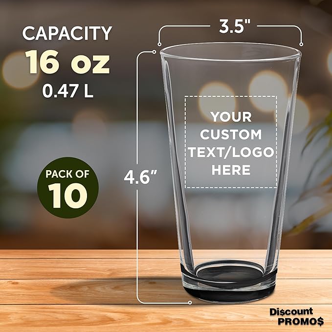 Custom Casale Pint Glass 16 oz. Set of 10, Personalized Bulk Pack - Beer Glasses, Heavy Duty Drinkware - Black