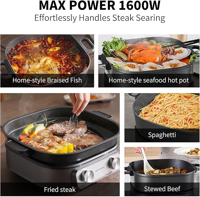 6-Quart Electric Skillet with Grill | Non-Stick PFOA-Free Ceramic-Coated Pot, 1600W, Timer & 3 Power Settings for Steak, Egg, Ramen (Includes Tongs) Pot & Grill