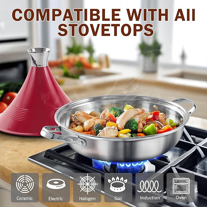 DM Tagine Pot, 11 Inch 3.6 Quart Moroccan Clay Tagine Pot Alternative, Multi-Ply Clad Stainless Steel, Traditional Cooking Pot with Die-Cast Aluminum Red Conical Lid and Stainless Steel Knob