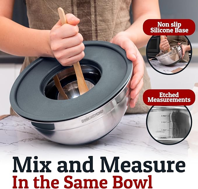Priority Chef 6Pc Large Mixing Bowls With Lids Set with Non-Slip Bases, Stainless Steel Mixing Bowl Set, 6 Airtight Lids and 3 Graters, Grey