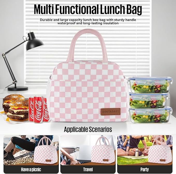 douyadady Lunch Bag Women/Men Lunch Box Women/Men (Pink+White Checkerboard)