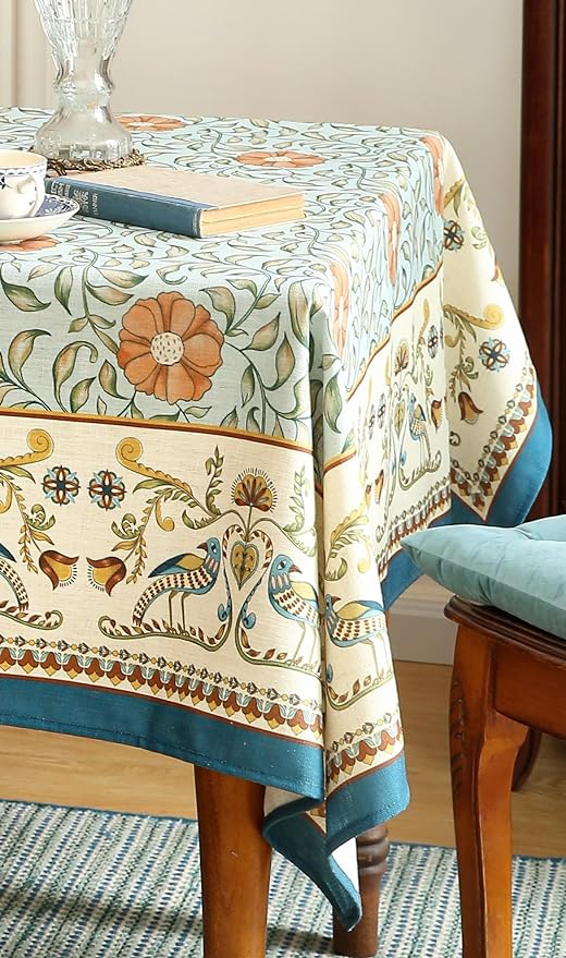 patdrea Designer French Linen Blue Tablecloth for Rectangle Table,Vintage Floral Table Cloth,Colorful Decoration Fall Cover Kitchen Dining for Thanksgiving,Tea Party,Christmas,63"x102"-Wensel