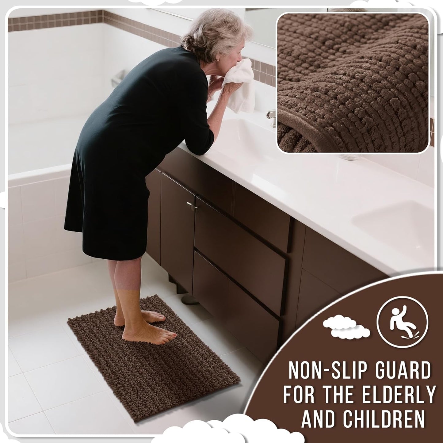 Yimobra Bathroom Runner Rug 70x24 Inch - Extra Long Non Slip Chenille Bath Mat, Soft & Absorbent, Machine Washable Shaggy Hallway Carpet for Vanity Tub Shower, Brown Home Decor Accessories