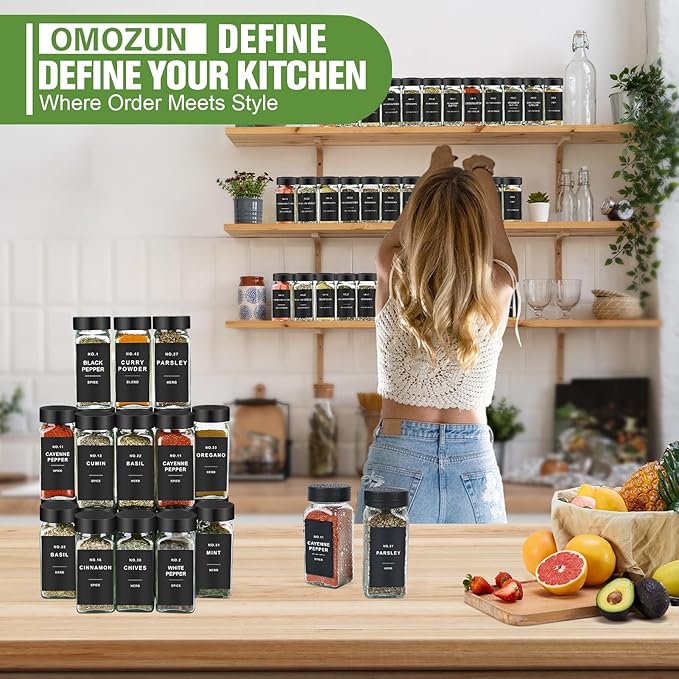 Spice Jars with Label, 24pcs 4oz Glass Spice Jars with Black Lids, Square Spice Containers with 304 Labels and Shaker Inserts, Empty Seasoning Bottles for Drawer, Cabinet, Seasoning Organizer