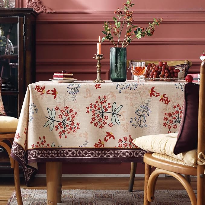 patdrea Designer Linen French Long Rectangular Table Cloth,Vintage Red Floral Fall Tablecloths,Breathable Table Cover for Kitchen Dining,Tea Party,Christmas,Thanksgiving,Holiday,63"x94"-Newmari