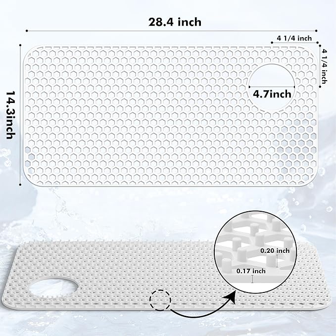 Bestjing Silicone Sink Protectors for Kitchen Sink - 28.4"x 14.3" Kitchen Protector Accessory, Non-Slip Heat Resistant Mat for Bottom of Farmhouse Porcelain Stainless Steel(Top Right Drain Hole,White)