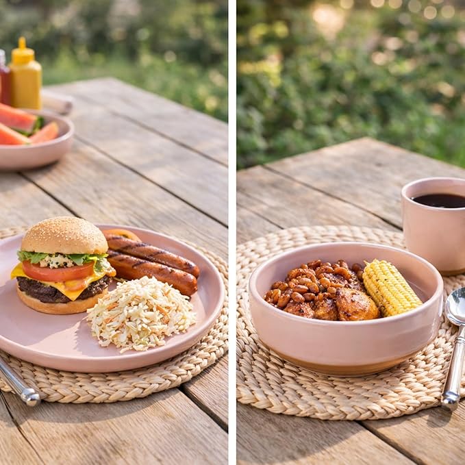 AmorArc Ceramic Dinnerware Sets for 6, 18 Pieces Handpainted Speckled Plates and Bowls Set with Rustic Terracotta Underside, Scratch Resistant Stoneware Dishes Set, Dishwasher & Microwave Safe, Pink