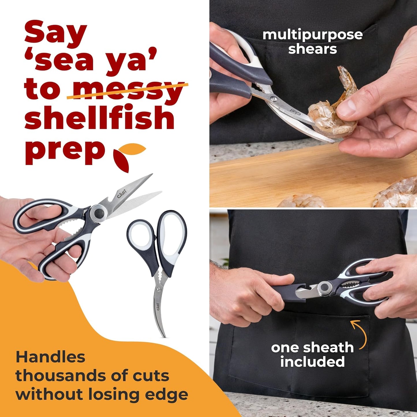 Kitchen Shears by Gidli - Liftime Replacement Warranty* - Includes Seafood Scissors As a Bonus - Heavy Duty Utility Stainless Steel All Purpose Ultra Sharp Scissors for Food/Cooking