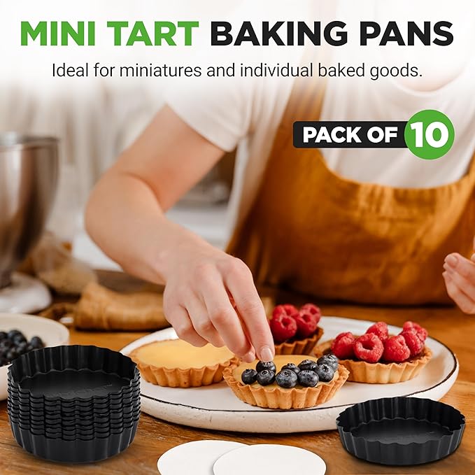 NutriChef 10-Piece Nonstick Mini Tart Pans with Removable Bottom - Heavy Duty 4 Inch Steel Quiche Pans, Oven & Dishwasher Safe, Fluted Side for Sweet & Savory Foods - Includes 200pcs Parchment Paper
