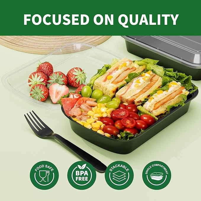 Meal Prep Containers, 50 Pack 28oz (100-Piece) Disposable Take Out Food Storage Containers with Leakproof Lids, Reusable Plastic To Go Lunch Boxes, BPA Free, Microwave/Dishwasher/Freezer Safe