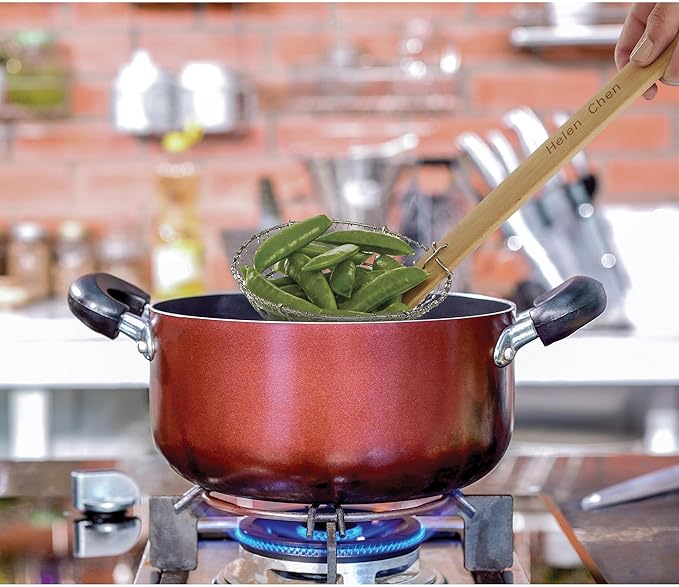 Helen’s Asian Kitchen Spider Strainer | 5-Inch Stainless Steel Wire Mesh Ladle with Sustainable Wood Handle for Frying, Cooking, and Draining
