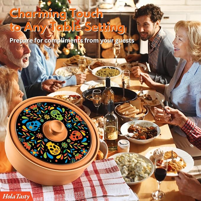 Sugar Skull Tortilla Warmer Day of the Dead - Authentic Terracotta Tortilla Holder with Warmer Cloth, Mexican Día de Muertos Calavera Tortillero, Clay Bread Warmer for Roti Pancake Naan
