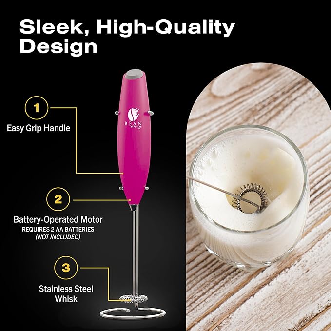 Bean Envy Milk Frother, Coffee Stirrers, Frother Wand, Milk Frother Handheld, Frother with stand, Hand Blender for Coffee, Lattes, Cappuccino, Matcha and Hot Chocolate – Kitchen Gifts (Raspberry)