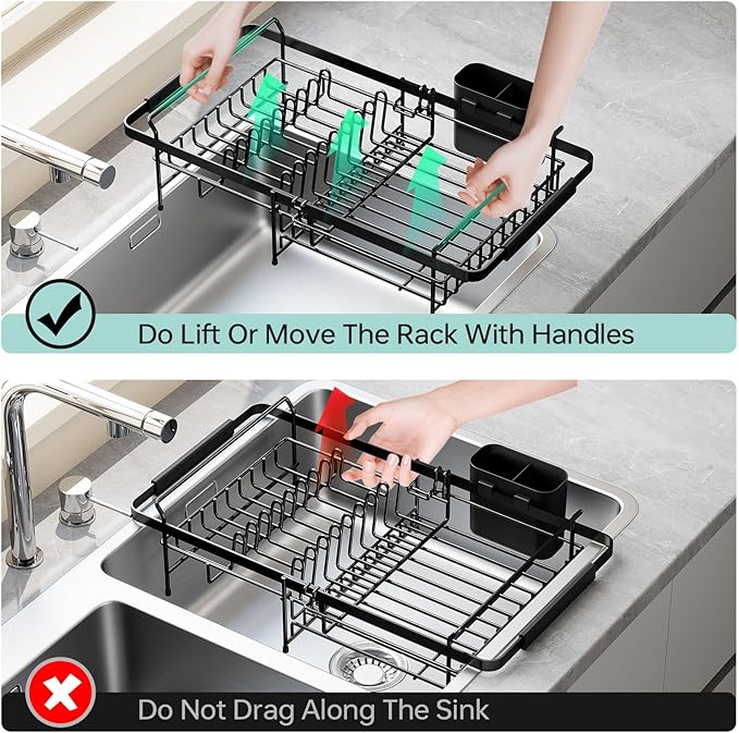Urackify Dish Drying Rack in Sink - Expandable (14.5''-18''L) Over The Sink Dish Rack with Utensil Holder, Space-Saving Dish Drainer for Kitchen Counter, 1 Piece, Matte Black