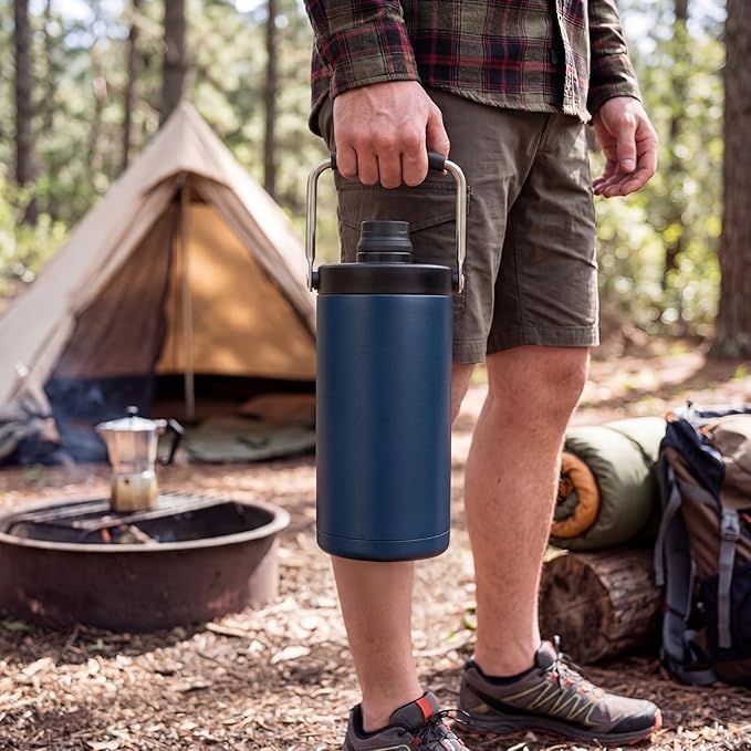 Kerilyn Insulated Half Gallon Jug with Handle, 64oz Stainless Steel, Large Double Vacuum Water Bottle for Hot & Cold Drinks, Wide Mouth, Sweat Proof, Great for Travel, Camping, Dark Blue