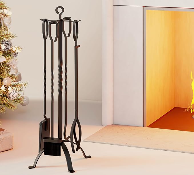 Fire Beauty 5 Pieces Fireplace Tools Sets Fireplace Accessories Tools Holder with Handles Tools for Indoor Fireplace Decor Outdoor Fire Pit Modern Tool(Black)