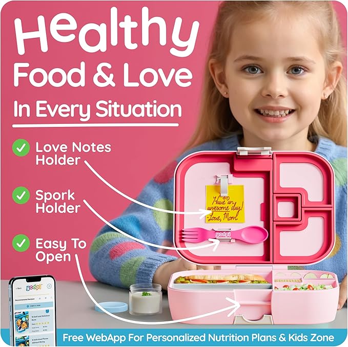 YOOPI Lunch Boxes for Kids–Toddler Bento Box with 4 Leakproof Compartment Food Bentobox Container,Lunch Box for School with Lunchbox Containers, Lightweight Sandwich Box & Snack Box (Light Pink)