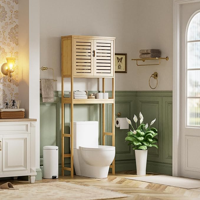 SMIBUY Bathroom Over The Toilet Storage Cabinet, 2 Door Bamboo Cabinet Organizer, Freestanding Space Saver Toilet Rack with Adjustable Inside Shelf and Open Shelf (Natural)