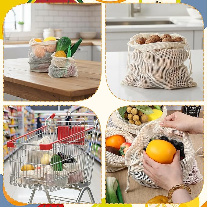 Larrel 6 Pack Reusable Mesh Produce Bags, Multi-Size Vegetable Bags Set with Drawstring, Washable Portable Mesh Grocery Bag for Vegetables Fruits Grocery Shopping Refrigerator Storage Travel