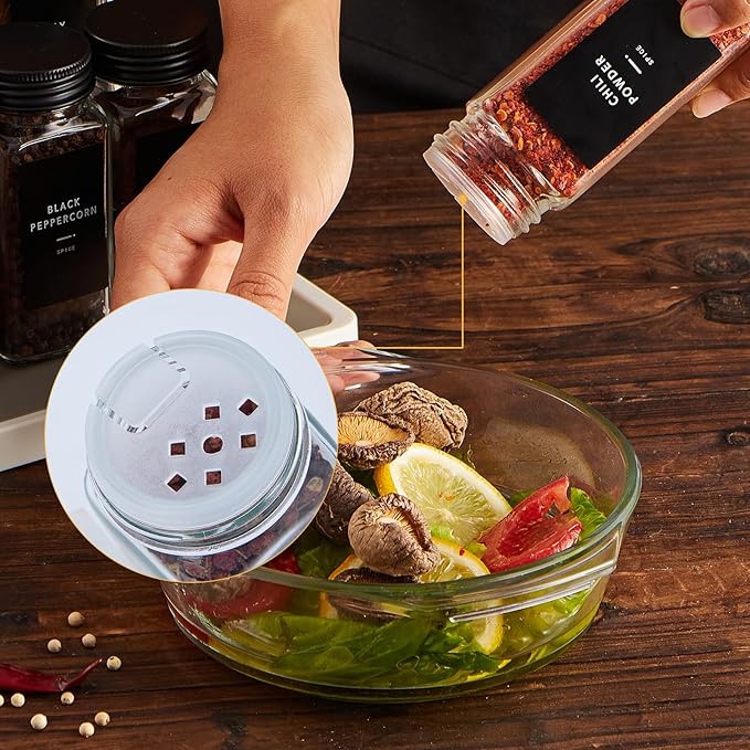 Skiileor 48 Pcs Spice Jars with Label- Glass Spice Jars with Black Metal Caps,Shaker Lids, Funnel, Chalk Pen 4oz Seasoning Containers Bottles for Spice Rack, Cabinet, Drawer