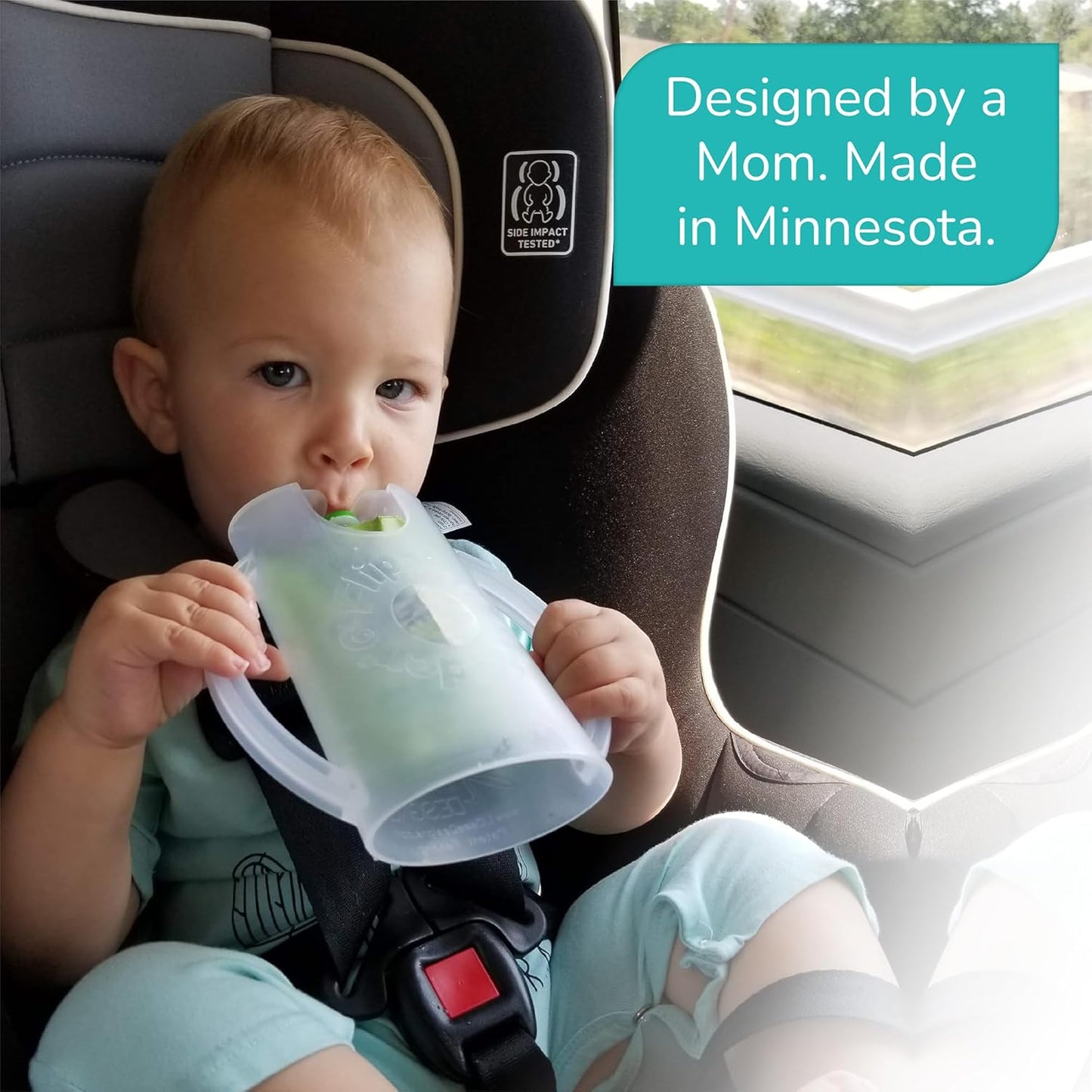 Squeeze Proof Food Pouch Holder for Toddlers, Babies, Kids, Mess Free No Squeeze Juice Box Drink and Applesauce Snack Holder with Easy Grip Handles and Lid