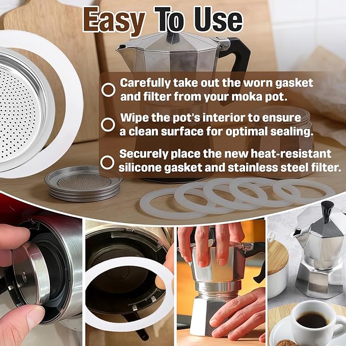 1 Set BIA640310 Espresso Machine Replacement Parts, Compatible with Bialetti Moka Express Dama 9-Cup, Includes 8 Silicone Sealing Rings And 4 Stainless Steel Filter Plates, Durable And Easy To Clean