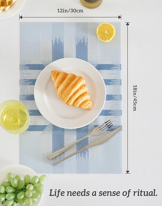 Leetaltree Geometric Print Blue Placemats Set of 6 - Heat Resistant Non-Slip Place mats for Dining Table, Washable Durable PVC Vinyl Woven Table Mats (Geometric Blue, 6)