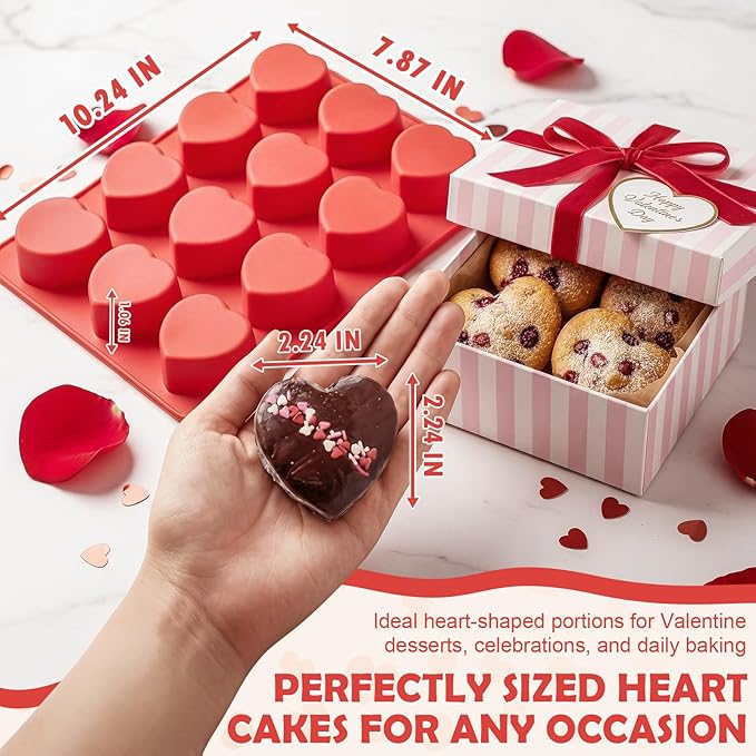 HKNMTT Silicone Heart Molds Valentine's Day for Chocolate Muffin Chocoflan Cake Egg Bites Jello Soap Cupcake Baking, 12 Cavities 2 Pack Love Shapes Red Dessert Pan Handmade DIY Gift Oven Safe Mould
