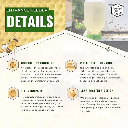Foxhound Bee Company Front Entrance Honey Bee Feeder and Lid for Feeding Bees Water or Sugar Syrup from The Front of The Hives in Beekeeping - 4 Pack