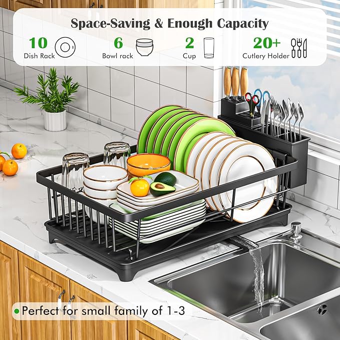 Kmiectse Dish Drying Rack - Space-Saving Small Dish Rack for Kitchen Counter, Rust-Resistant Kitchen Drying Rack, Compact Dish Drainer Organizer with Utensil Holder for Home Kitchen, Black