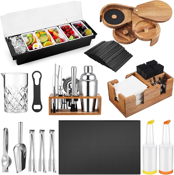 Mifoci 28 Pcs Bartender Kit, Mixologist Bartender Kit Garnish Tray with Lid Bar Caddy and 3 Tier Glass Rimmer, 17 Pcs Margarita Cocktail Shaker Set with Wooden Base for Home Bar Gift Set (Acacia)