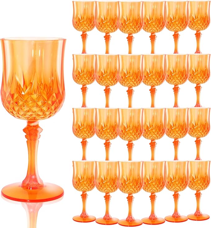 Plastic Wine Glasses, Plastic Goblets Vintage Style Cordial Unbreakable Drinking Glasses, Reusable Drinkware for Wedding Reception, Grand Event Party Supplies (24, Pumpkin orange)