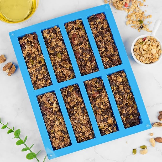 3 PCS Granola Bar Mold, 8 Cavity Rectangle Silicone Bar Mold for Baking Chocolate/Candy/Protein/Energy Bar, Caramel, Truffle, Brownie, Cheesecake, Butter
